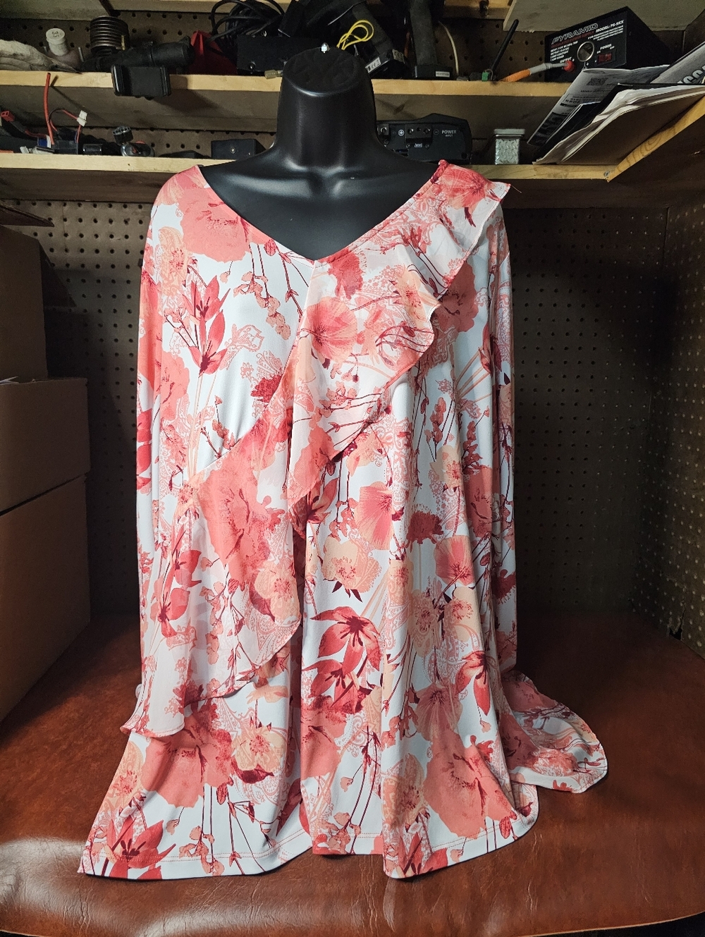 Susan Graver Coral and White Floral Ruffle Top